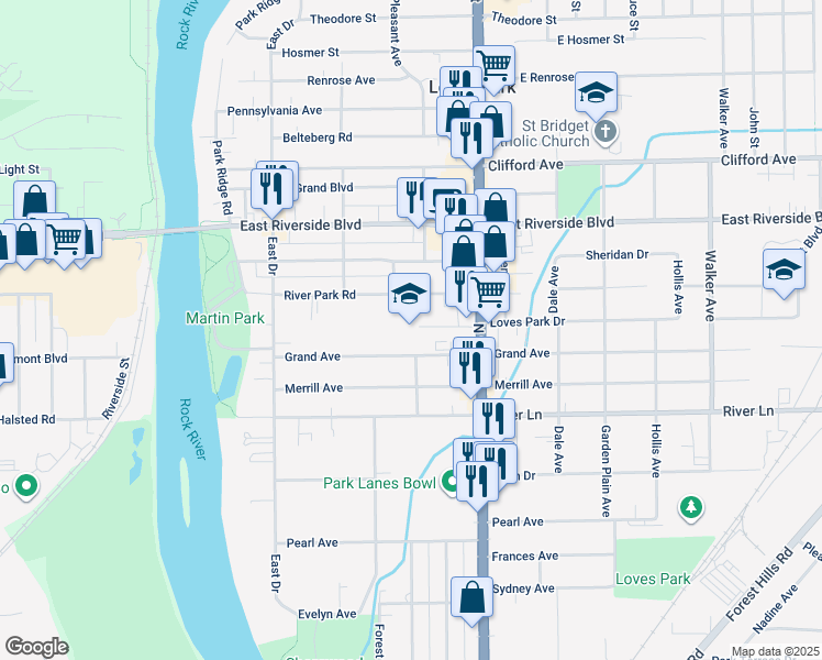 map of restaurants, bars, coffee shops, grocery stores, and more near 344 Grand Avenue in Loves Park