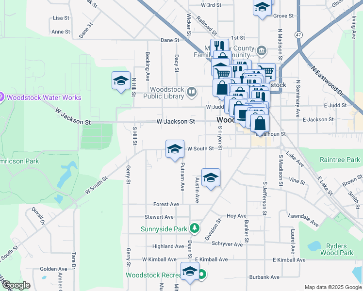 map of restaurants, bars, coffee shops, grocery stores, and more near 452 West South Street in Woodstock