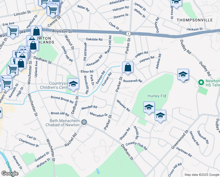 map of restaurants, bars, coffee shops, grocery stores, and more near 154 Truman Road in Newton