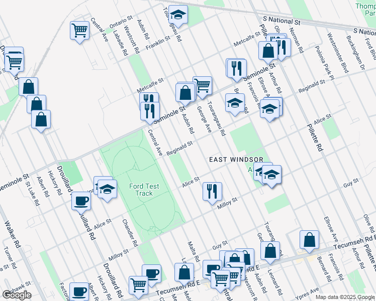 map of restaurants, bars, coffee shops, grocery stores, and more near 1614 Westcott Road in Windsor