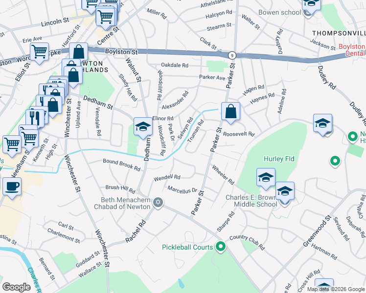 map of restaurants, bars, coffee shops, grocery stores, and more near 106 Selwyn Road in Newton