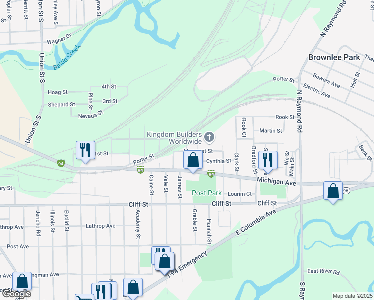 map of restaurants, bars, coffee shops, grocery stores, and more near 50 Spencer Street in Battle Creek