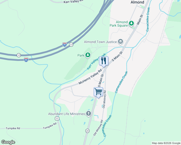 map of restaurants, bars, coffee shops, grocery stores, and more near 396 Mchenry Valley Rd in Almond