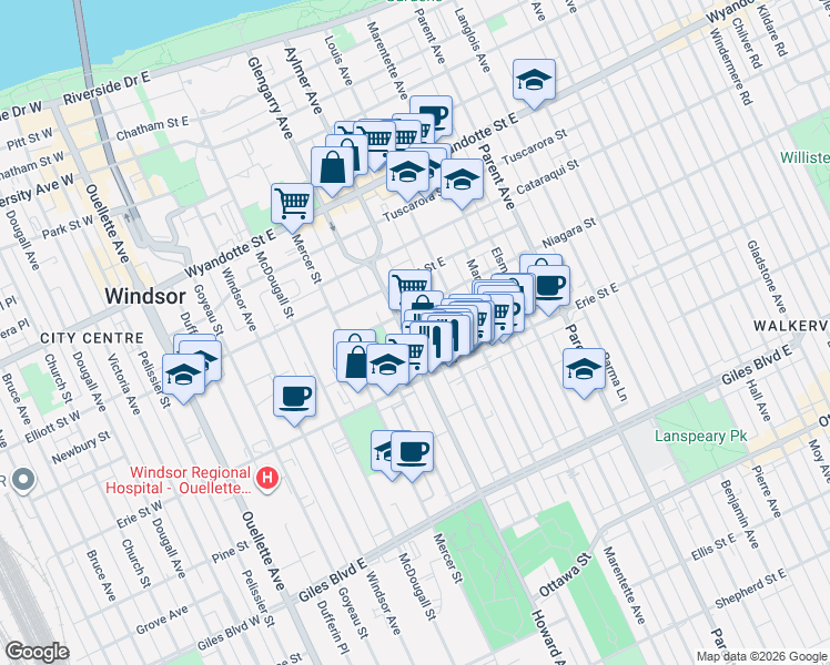 map of restaurants, bars, coffee shops, grocery stores, and more near 928 Howard Avenue in Windsor