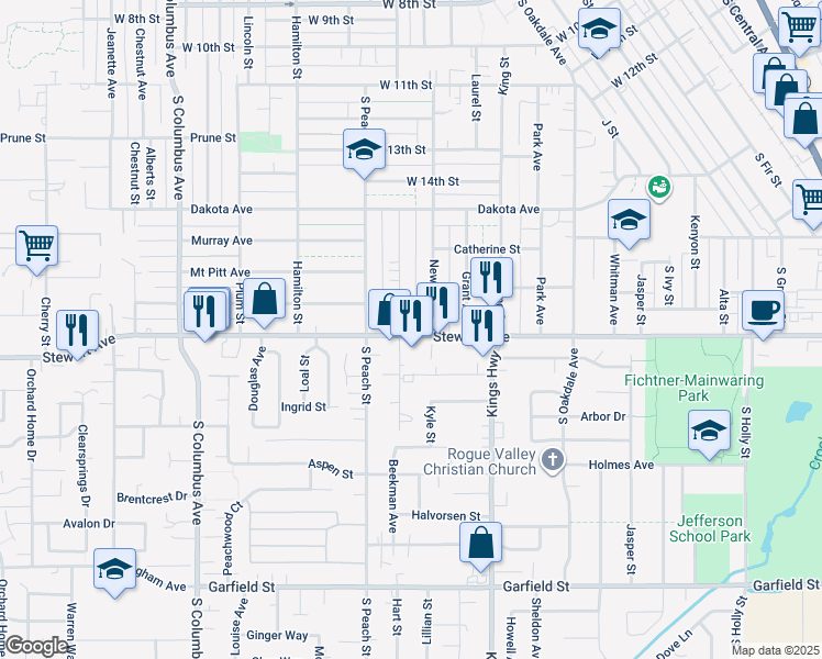 map of restaurants, bars, coffee shops, grocery stores, and more near 852 West Stewart Avenue in Medford
