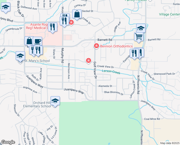 map of restaurants, bars, coffee shops, grocery stores, and more near 822 Golf View Drive in Medford