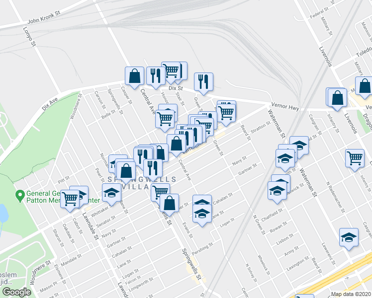 map of restaurants, bars, coffee shops, grocery stores, and more near 7620 W Vernor Hwy in Detroit