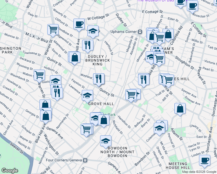 map of restaurants, bars, coffee shops, grocery stores, and more near 22 Wayland Street in Boston
