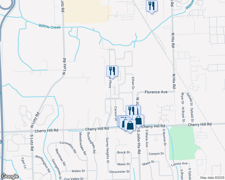 map of restaurants, bars, coffee shops, grocery stores, and more near 694 Superior Parkway in Westland