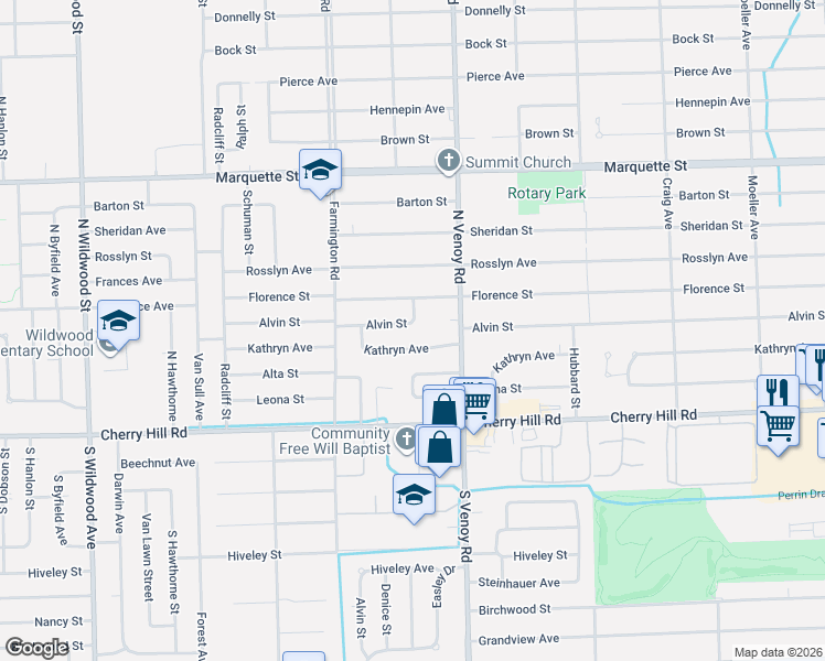 map of restaurants, bars, coffee shops, grocery stores, and more near 33210 Alvin Street in Garden City