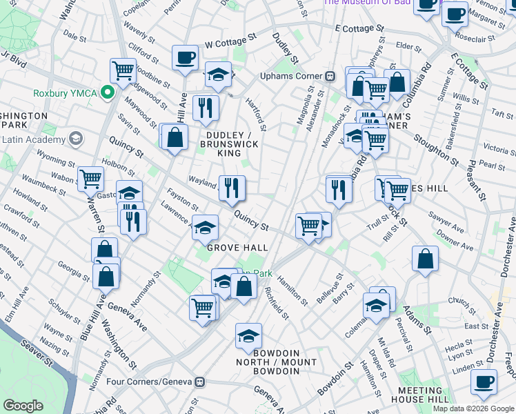 map of restaurants, bars, coffee shops, grocery stores, and more near 22 Wayland Street in Boston