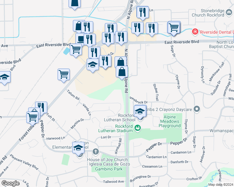 map of restaurants, bars, coffee shops, grocery stores, and more near 3650 North Alpine Road in Rockford
