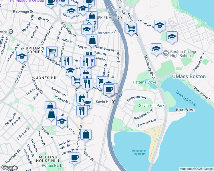 map of restaurants, bars, coffee shops, grocery stores, and more near 17 Sagamore Street in Boston