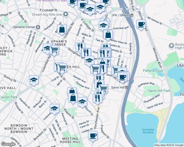 map of restaurants, bars, coffee shops, grocery stores, and more near 75 Pleasant Street in Boston