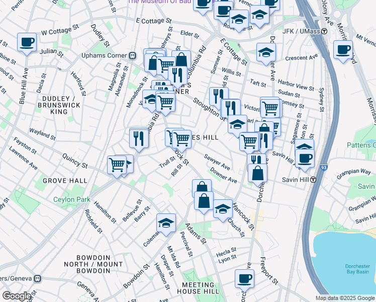 map of restaurants, bars, coffee shops, grocery stores, and more near 17 Rowell Street in Boston