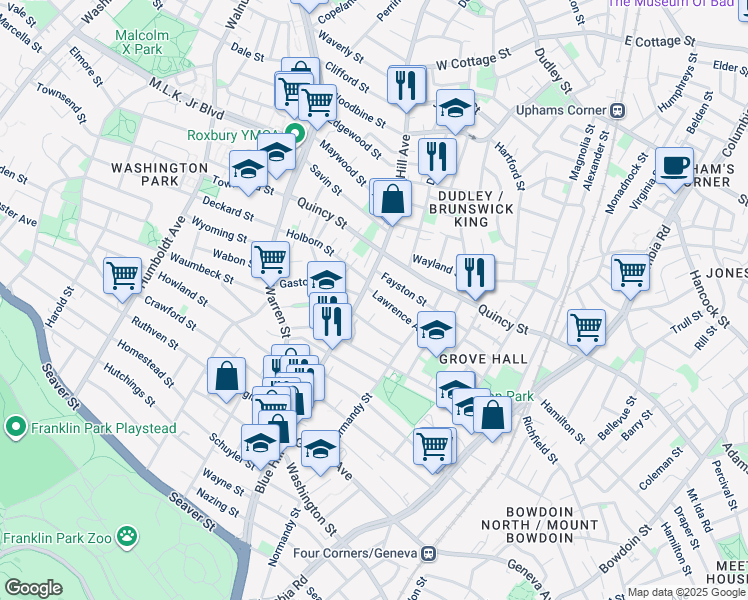 map of restaurants, bars, coffee shops, grocery stores, and more near 318-320 Blue Hill Avenue in Boston