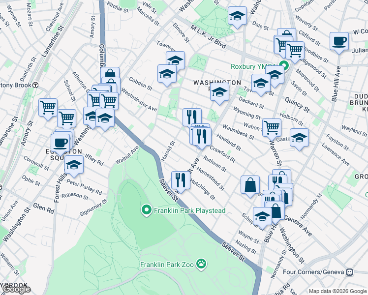 map of restaurants, bars, coffee shops, grocery stores, and more near 102 Crawford Street in Boston