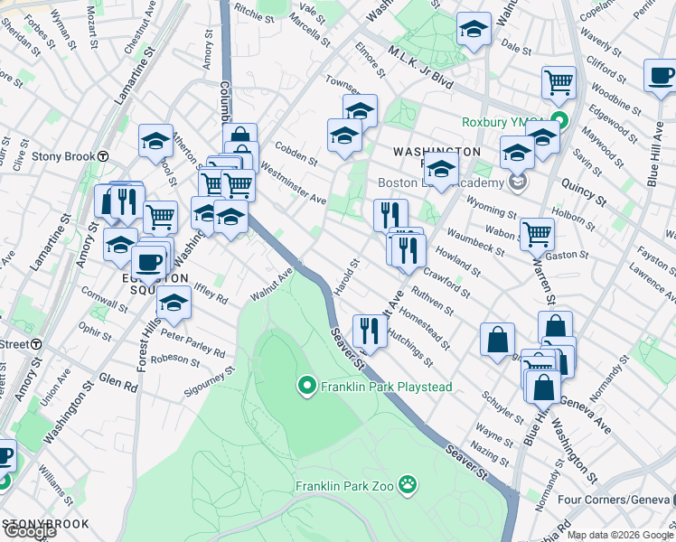 map of restaurants, bars, coffee shops, grocery stores, and more near 225 Harold Street in Boston