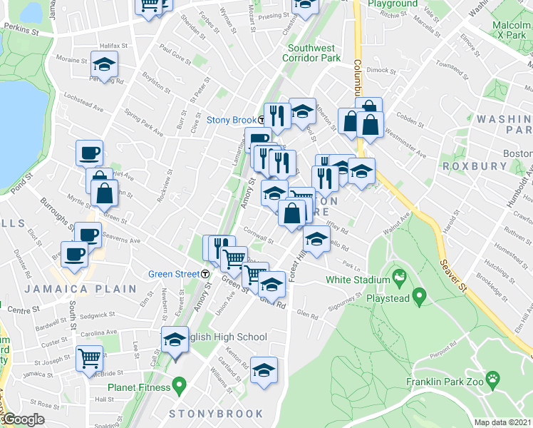 map of restaurants, bars, coffee shops, grocery stores, and more near 36-44 Merriam Street in Boston