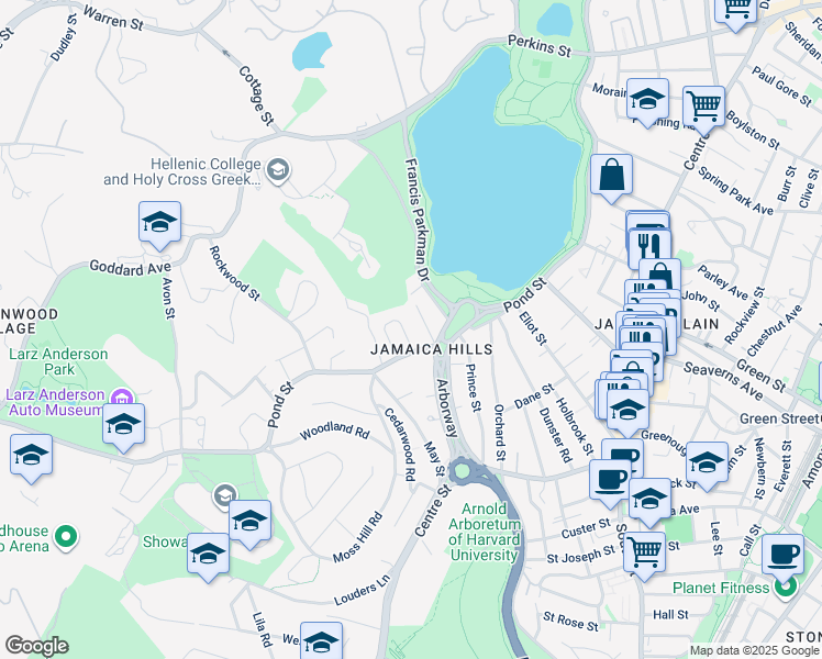map of restaurants, bars, coffee shops, grocery stores, and more near 19 Pond Circle in Boston