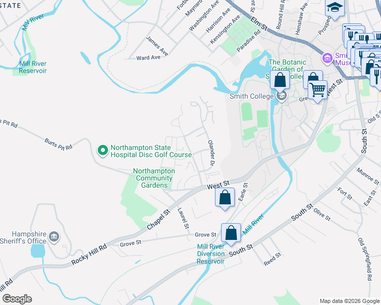 map of restaurants, bars, coffee shops, grocery stores, and more near 73 Village Hill Road in Northampton