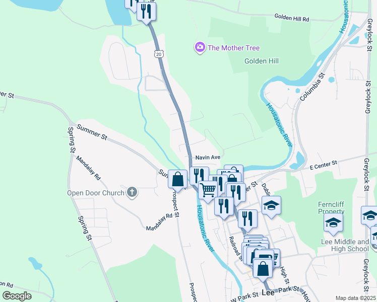 map of restaurants, bars, coffee shops, grocery stores, and more near 105 Laurel Street in Lee
