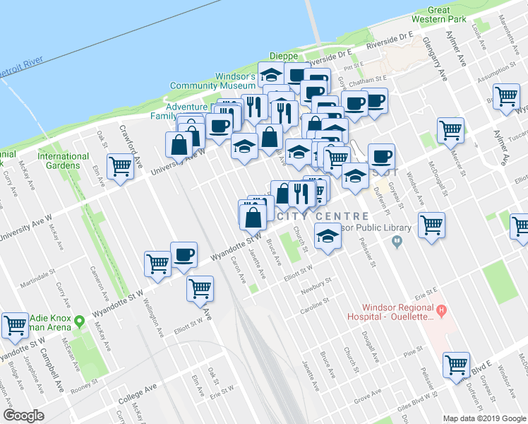 map of restaurants, bars, coffee shops, grocery stores, and more near in Windsor