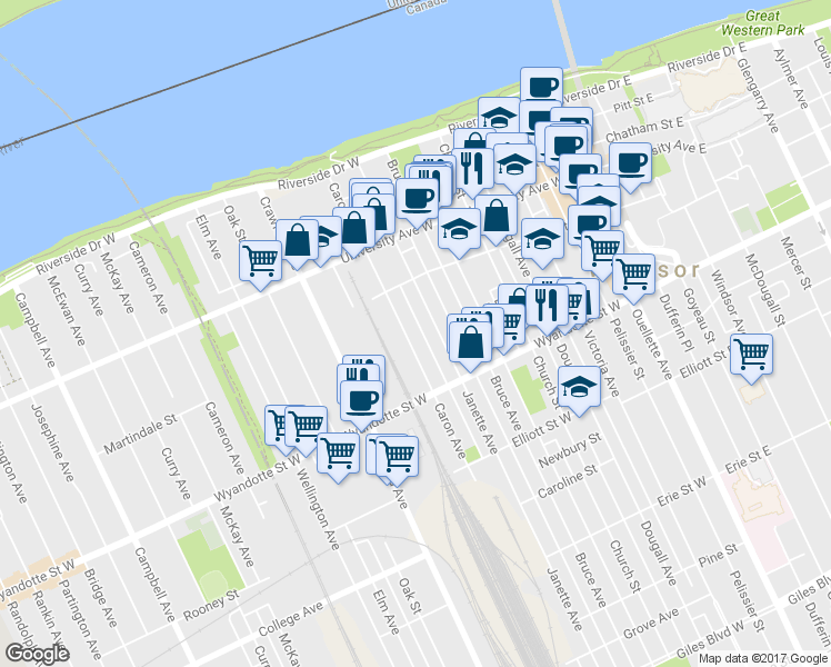 map of restaurants, bars, coffee shops, grocery stores, and more near in Windsor