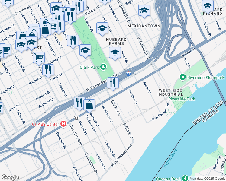 map of restaurants, bars, coffee shops, grocery stores, and more near 730 Clark Avenue in Detroit