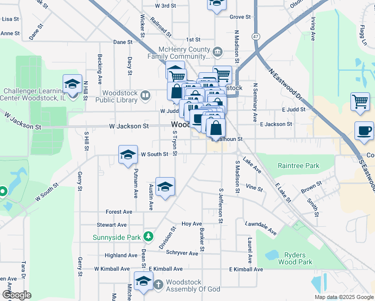 map of restaurants, bars, coffee shops, grocery stores, and more near in Woodstock