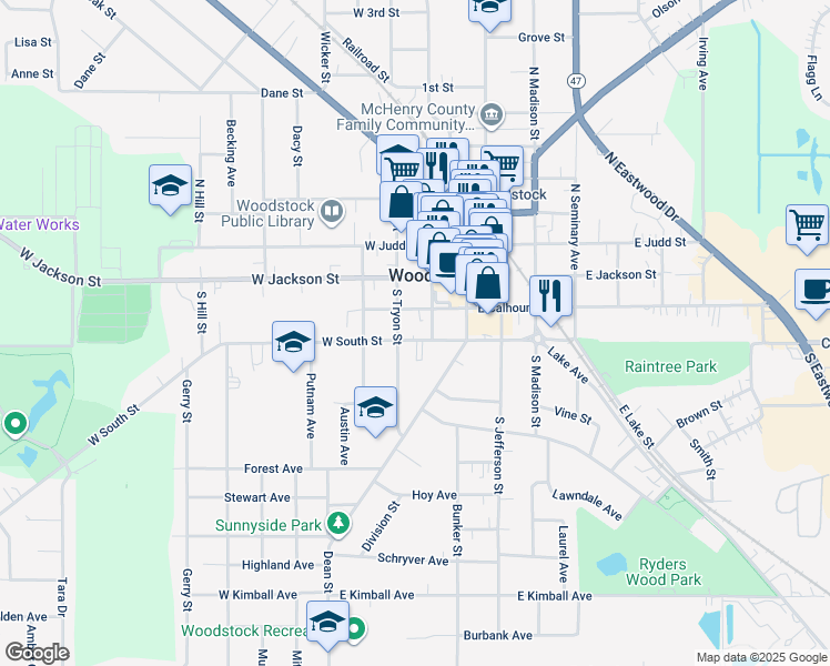 map of restaurants, bars, coffee shops, grocery stores, and more near in Woodstock