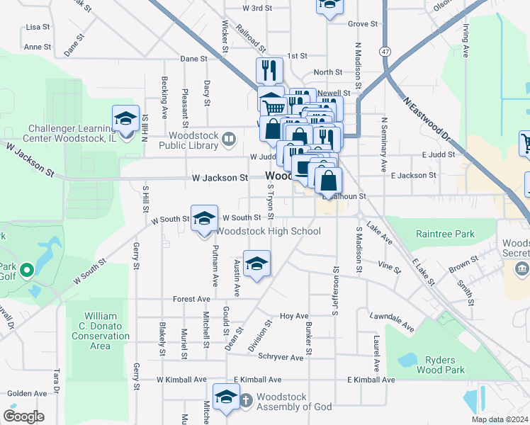 map of restaurants, bars, coffee shops, grocery stores, and more near 315 West Calhoun Street in Woodstock