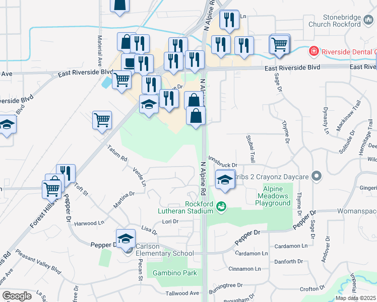 map of restaurants, bars, coffee shops, grocery stores, and more near 3650 North Alpine Road in Rockford