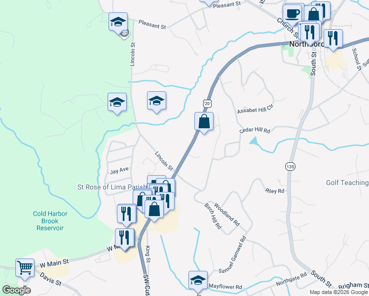 map of restaurants, bars, coffee shops, grocery stores, and more near 190 West Main Street in Northborough
