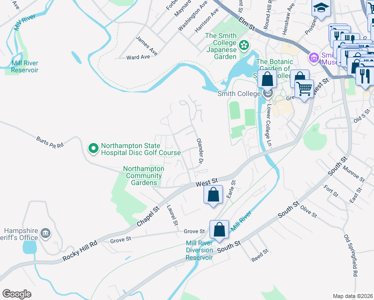 map of restaurants, bars, coffee shops, grocery stores, and more near 25 Moser Street in Northampton
