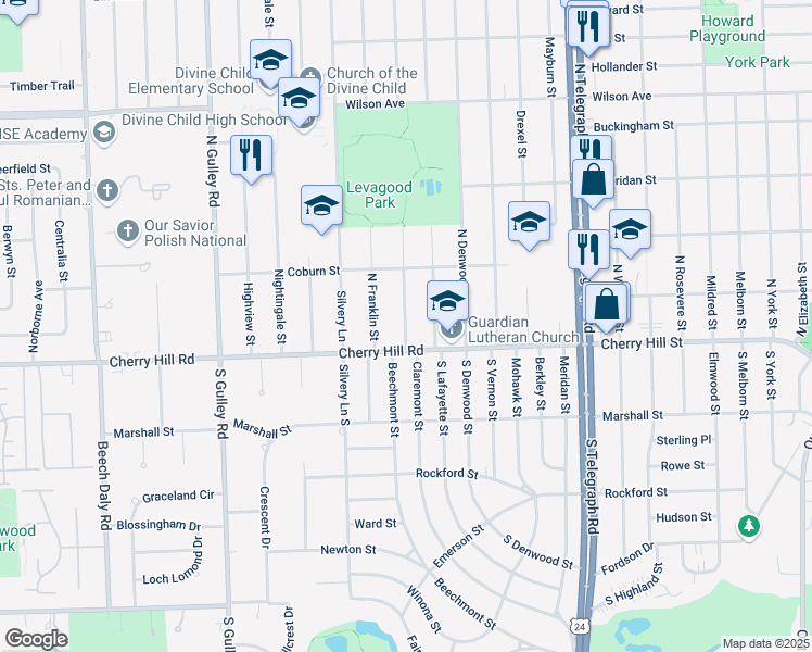 map of restaurants, bars, coffee shops, grocery stores, and more near 224 Kingsbury Avenue in Dearborn