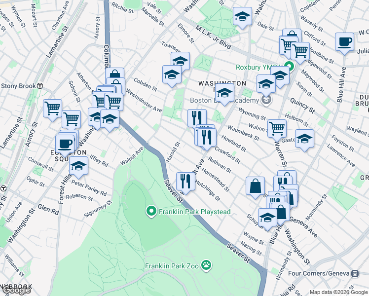 map of restaurants, bars, coffee shops, grocery stores, and more near 102 Crawford Street in Boston