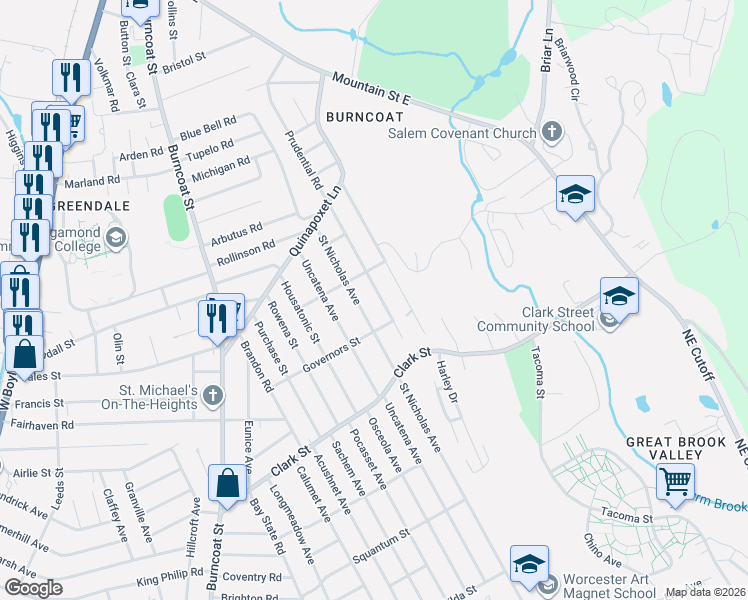 map of restaurants, bars, coffee shops, grocery stores, and more near 34 Oneida Avenue in Worcester