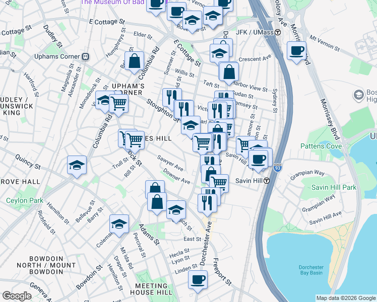 map of restaurants, bars, coffee shops, grocery stores, and more near 75 Pleasant Street in Boston