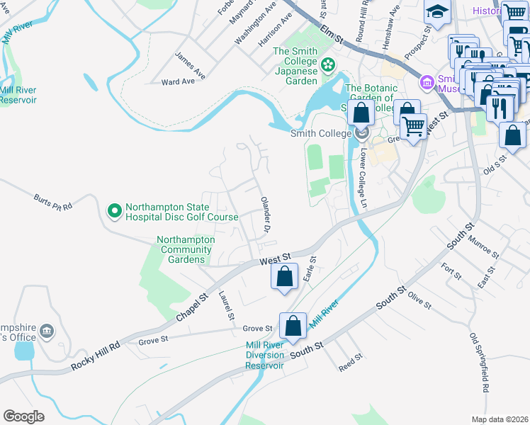 map of restaurants, bars, coffee shops, grocery stores, and more near 2 Moser Street in Northampton