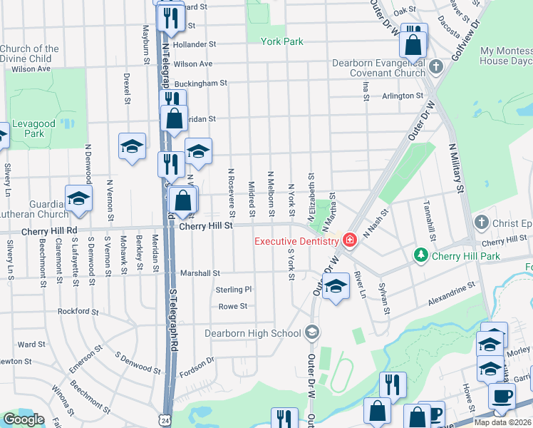 map of restaurants, bars, coffee shops, grocery stores, and more near 206 Mildred Street in Dearborn