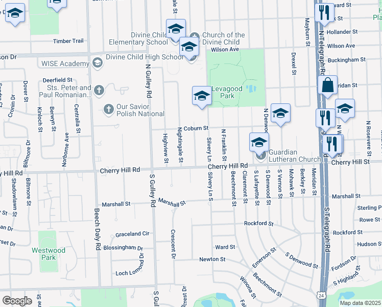 map of restaurants, bars, coffee shops, grocery stores, and more near 229 Robindale Avenue in Dearborn