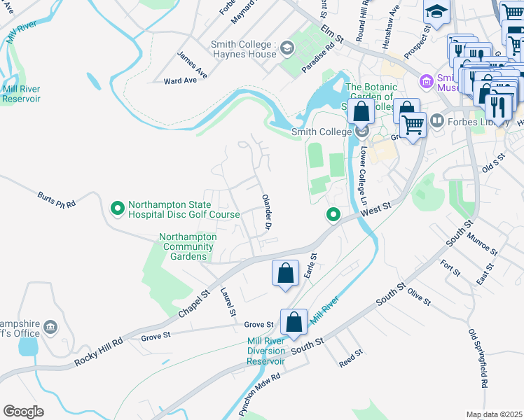 map of restaurants, bars, coffee shops, grocery stores, and more near 8 Moser Street in Northampton
