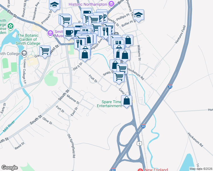 map of restaurants, bars, coffee shops, grocery stores, and more near 81 Conz Street in Northampton