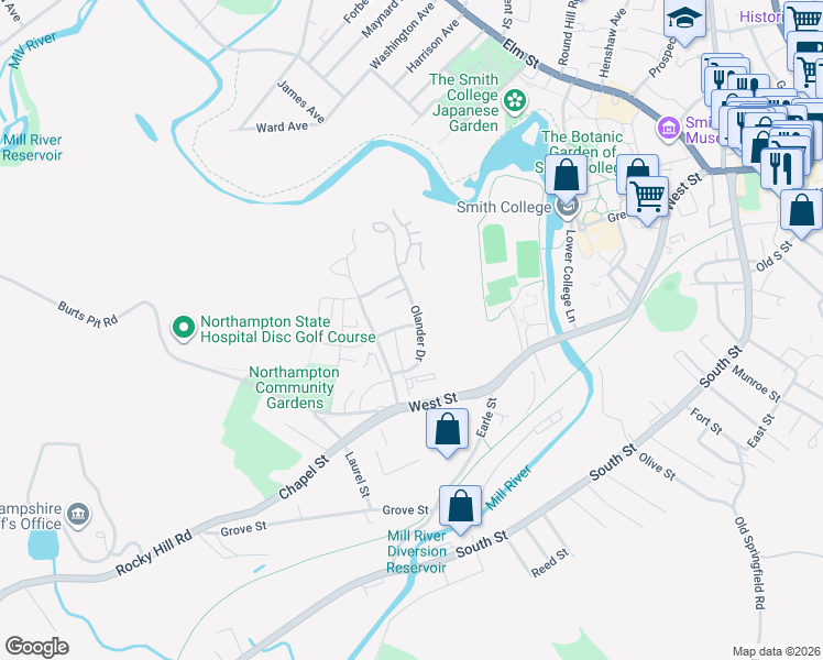 map of restaurants, bars, coffee shops, grocery stores, and more near 6 Moser Street in Northampton