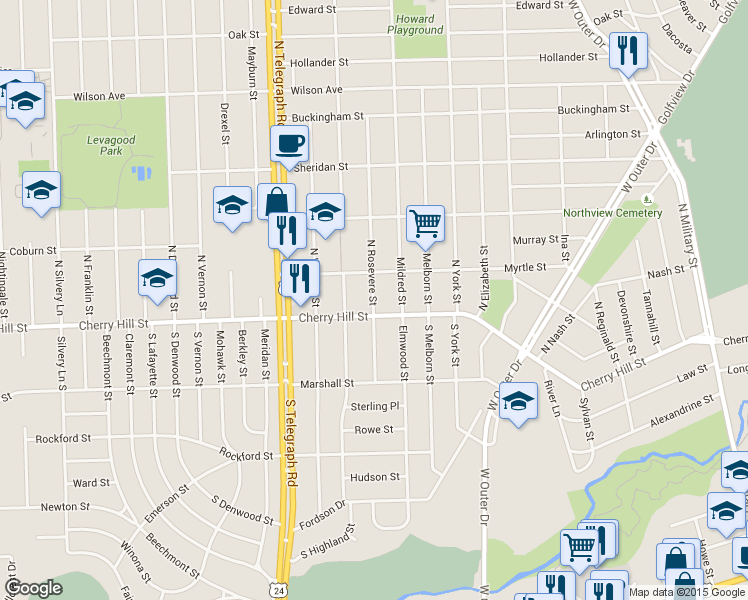 map of restaurants, bars, coffee shops, grocery stores, and more near 210 North Rosevere Street in Dearborn