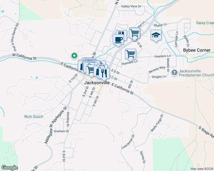 map of restaurants, bars, coffee shops, grocery stores, and more near 390 East California Street in Jacksonville