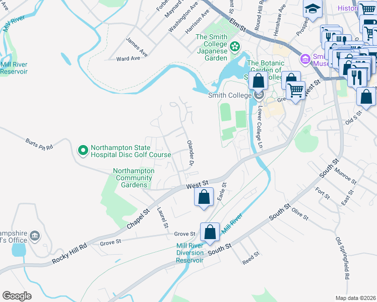 map of restaurants, bars, coffee shops, grocery stores, and more near 4 Moser Street in Northampton