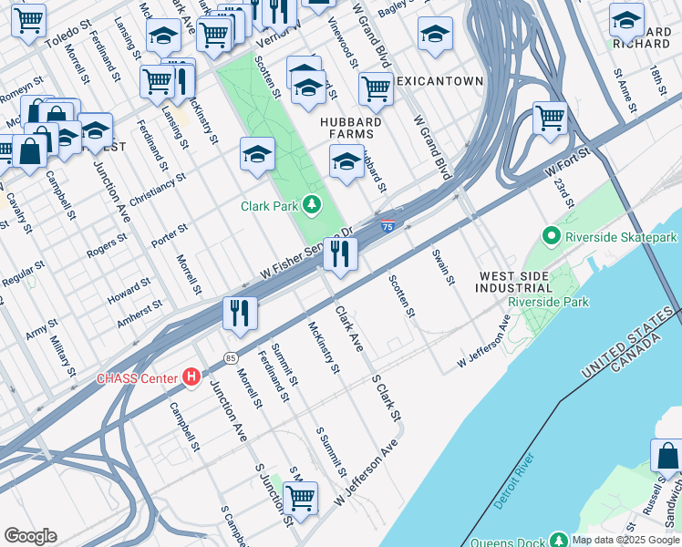 map of restaurants, bars, coffee shops, grocery stores, and more near 730 Clark Avenue in Detroit