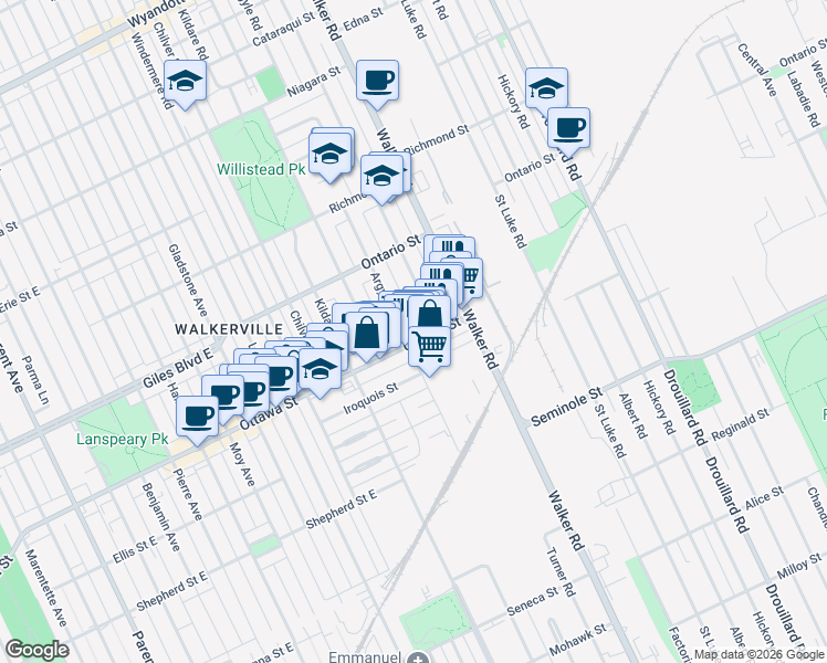 map of restaurants, bars, coffee shops, grocery stores, and more near 1278 Argyle Road in Windsor